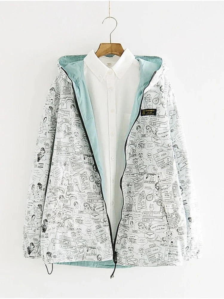 Spring Women Bomber Basic Jacket Pocket Zipper Hooded Two Side Wear Cartoon Print Outwear Loose Coat