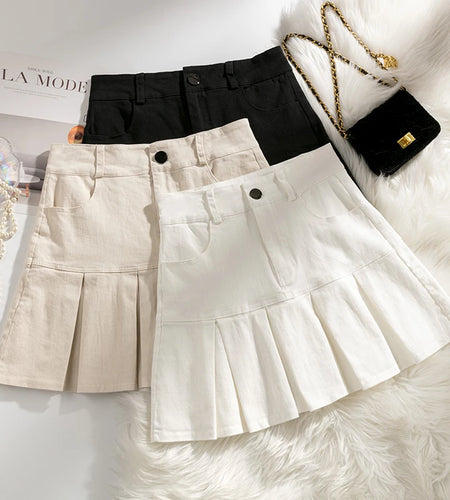 Korean Women's Denim Pleated Skirt Sexy Slim Mini Skirts Woman Summer Solid Color High Waist A-line Wrapped Short Skirt Simple