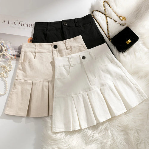 Load image into Gallery viewer, Korean Women's Denim Pleated Skirt Sexy Slim Mini Skirts Woman Summer Solid Color High Waist A-line Wrapped Short Skirt Simple
