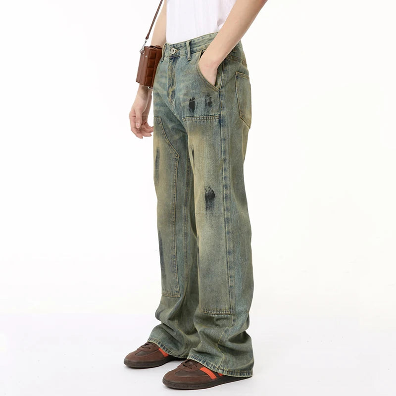 High Street Men's Jeans Worn-out Graffiti Painting Contrast Color Casual Denim Pants Straight Menwear Stylish 9C6500