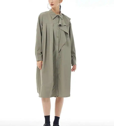 Women Gray Ruffles Pleated Midi Elegant Big Size Shirt Dress New Lapel Long Sleeve Fashion Tide Spring Autumn 2025 1DH7415