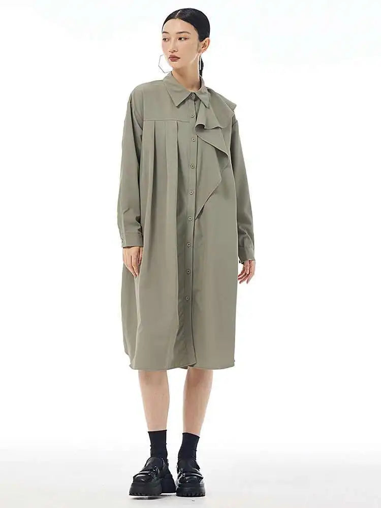 Women Gray Ruffles Pleated Midi Elegant Big Size Shirt Dress New Lapel Long Sleeve Fashion Tide Spring Autumn 2025 1DH7415