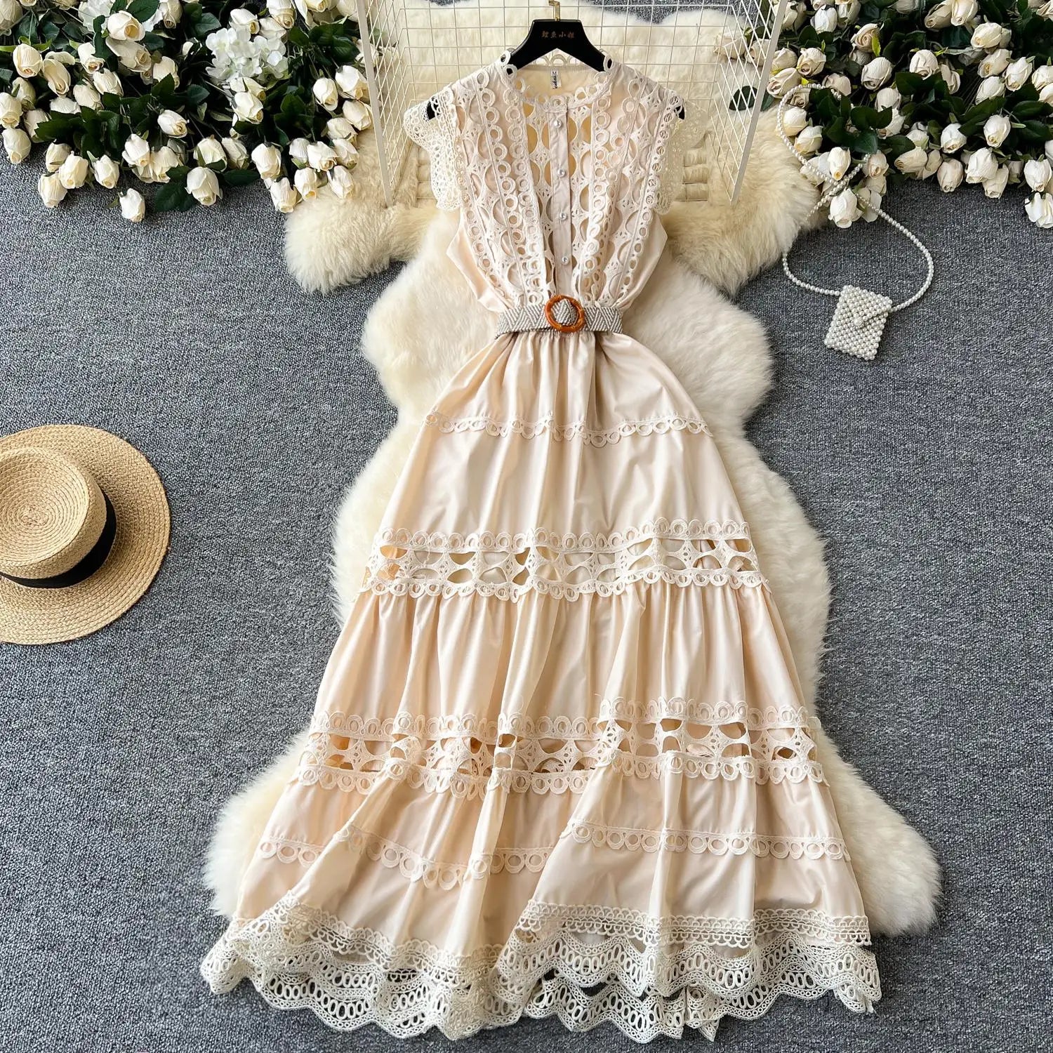 Retro French 2024 New Summer Women Solid Elegant Hollowed Out Sleeveless Long Dress Sweet Lace Patchwork Single Breasted Dresses