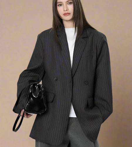 Women Black Gray Striped Back Zipper Slit Big Size Blazer New Lapel Long Sleeve Jacket Fashion Spring Autumn 2025 1DH9499