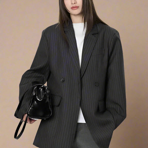 Load image into Gallery viewer, Women Black Gray Striped Back Zipper Slit Big Size Blazer New Lapel Long Sleeve Jacket Fashion Spring Autumn 2025 1DH9499
