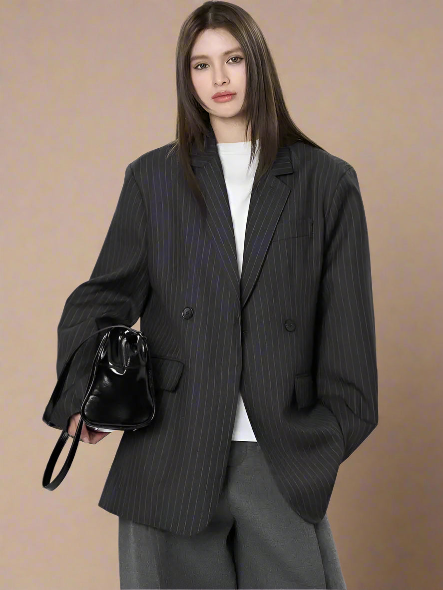 Women Black Gray Striped Back Zipper Slit Big Size Blazer New Lapel Long Sleeve Jacket Fashion Spring Autumn 2025 1DH9499