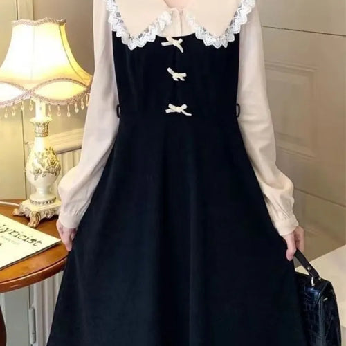 Load image into Gallery viewer, School Kawaii Black Midi Dress Women Japanese Sweet Vintage Elegant Peter Pan Collar Long Sleeve Cute Dresses Autumn
