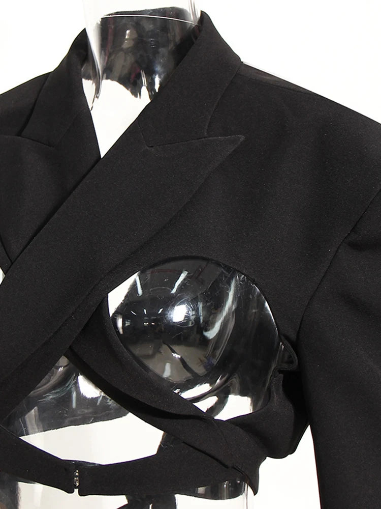 Women Black Hollow Out Bandage Short Blazer New Lapel Long Sleeve Loose Fit Jacket Fashion Tide Spring Autumn 2025 17A7374