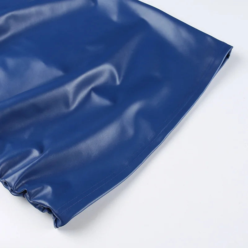 Winter New Sleeveless PU Leather Mini Dress For Women Robe Turtleneck Bodycon Ruched Sexy Short Dress Vestido