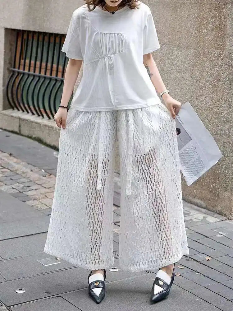Women White Pleated Spliced Big Size Casual T-shirt New Round Neck Short Sleeve Fashion Tide Spring Summer 2025 1DJ0615