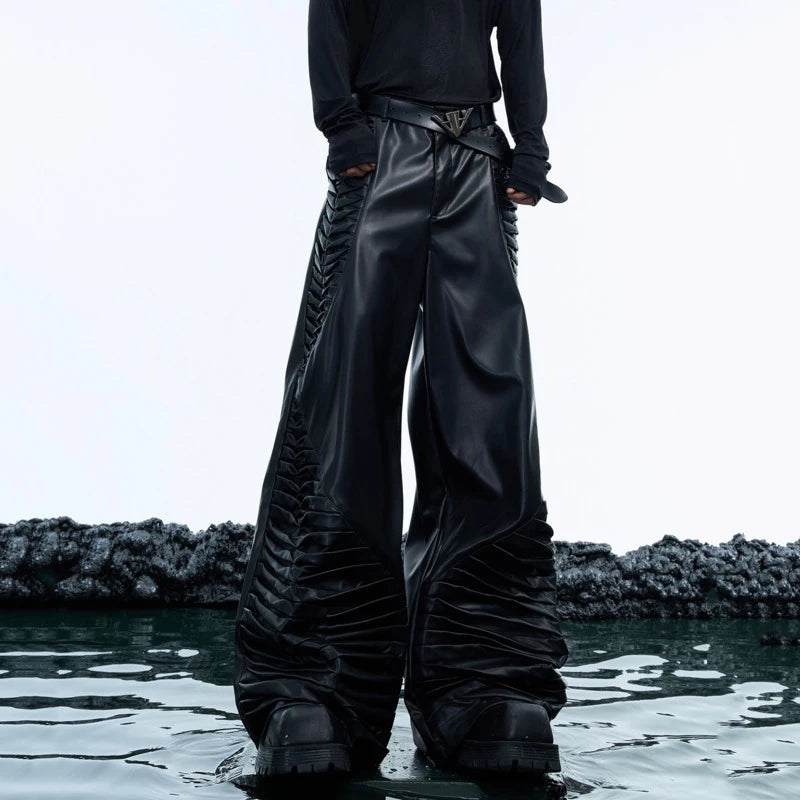 Pu Leather Pants Men Straight Wide Leg Trousers Side Three-dimensional Spine Creasing Design 2025 Spring Male 24E5172