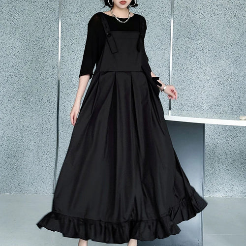 Load image into Gallery viewer, Women Black Ruffles Pocket Big Size Midi Strap Dress New Square Collar Sleeveless Fashion Tide Spring Autumn 2025 1DJ1158
