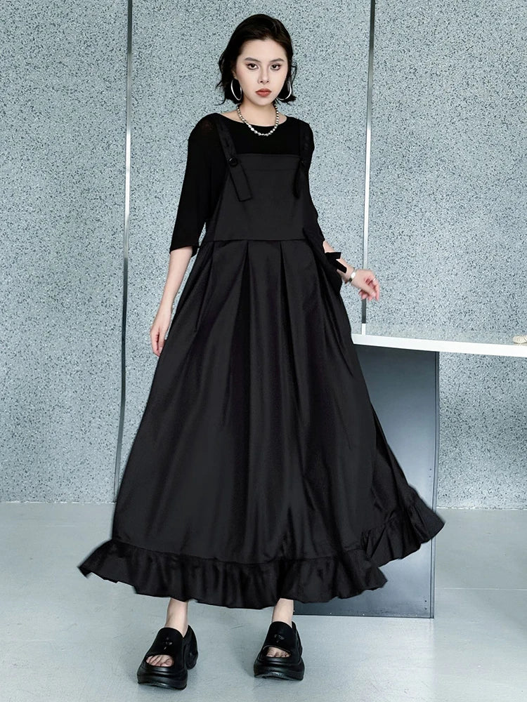 Women Black Ruffles Pocket Big Size Midi Strap Dress New Square Collar Sleeveless Fashion Tide Spring Autumn 2025 1DJ1158