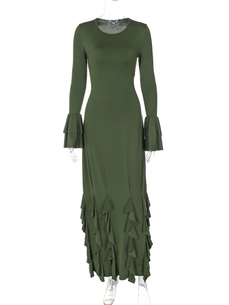 Lace-up Long Flare Sleeve Maxi Dress For Women Gown Autumn New Fashion O Neck Loose Ruffled Sexy Long Dress Elegant