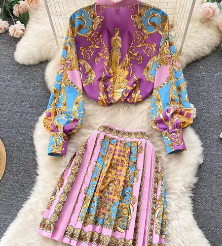 Summer Elegant Skirts Suit Women's Puff Sleeve Beading Lapel White Shirt Top+Flower Print Mesh Ball Gown Belt Skirts 2 Piece Set