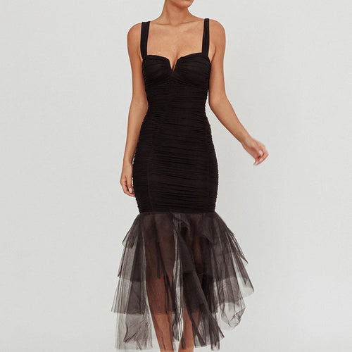 Load image into Gallery viewer, Mesh Backless Sexy Maxi Dress For Women Gown Two Layer Spaghetti Strap Sleeveless Ruched Bodycon Club Party Dress
