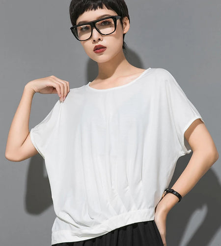 Women Black Irregular Pleated Big Size Casual T-shirt New Round Neck Short Sleeve Fashion Tide Spring Summer 2025 1DJ1755