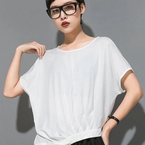 Load image into Gallery viewer, Women Black Irregular Pleated Big Size Casual T-shirt New Round Neck Short Sleeve Fashion Tide Spring Summer 2025 1DJ1755
