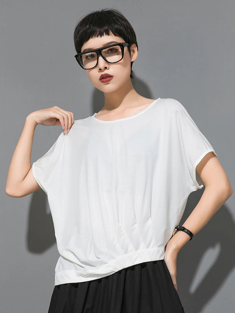 Women Black Irregular Pleated Big Size Casual T-shirt New Round Neck Short Sleeve Fashion Tide Spring Summer 2025 1DJ1755
