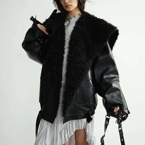 Load image into Gallery viewer, Black Thick Lambswool Big Size PU Leather Jacket New Lapel Long Sleeve Women Coat Fashion Tide Autumn Winter 2025 1DH8259
