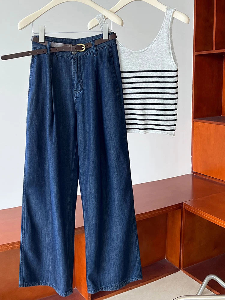 High Waist Blue Denim Thin Casual Pocket Wide Leg Jeans New Women Trousers Fashion Tide Spring Autumn 2025 1DJ1212