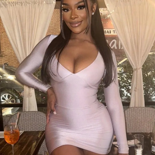 Load image into Gallery viewer, Sexy Deep V Long Sleeved Tight Elastic Short Skirt For Women's New Pullover Slim  Wrap Hip High Waist Dress Party Street
