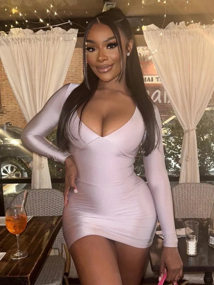 Sexy Deep V Long Sleeved Tight Elastic Short Skirt For Women's New Pullover Slim  Wrap Hip High Waist Dress Party Street