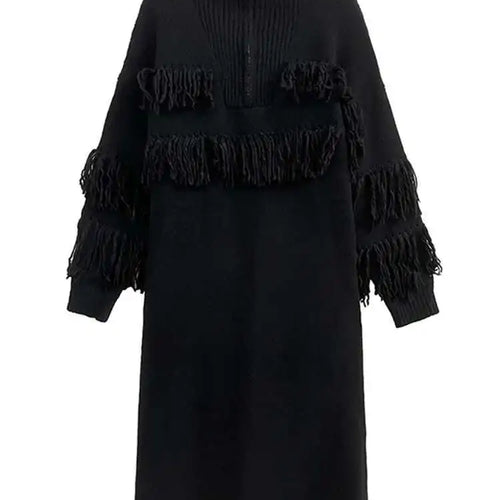 Load image into Gallery viewer, Women Black Tassels Knitting Big Size Midi Dress New Turtleneck Long Sleeve Loose Fit Fashion Spring Autumn 2025 1DH1601
