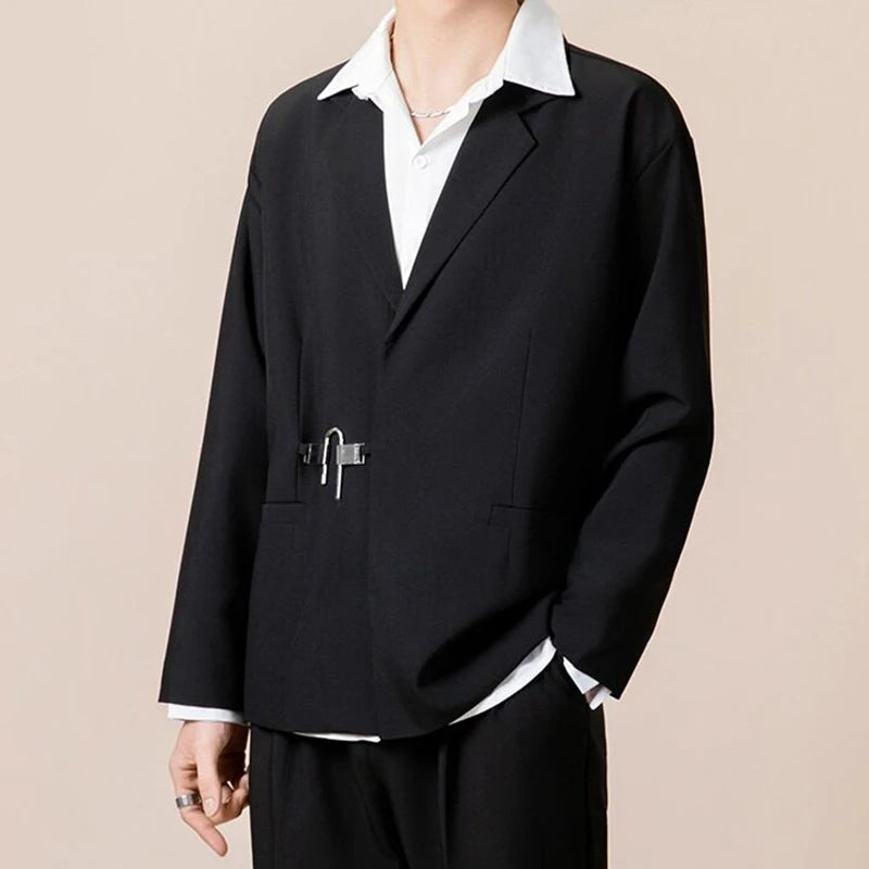 Simple Men's Blazers Metal Single Button Design Lapel Solid Color Korean Business Casual Loose Male Suit Jackets 9W1226