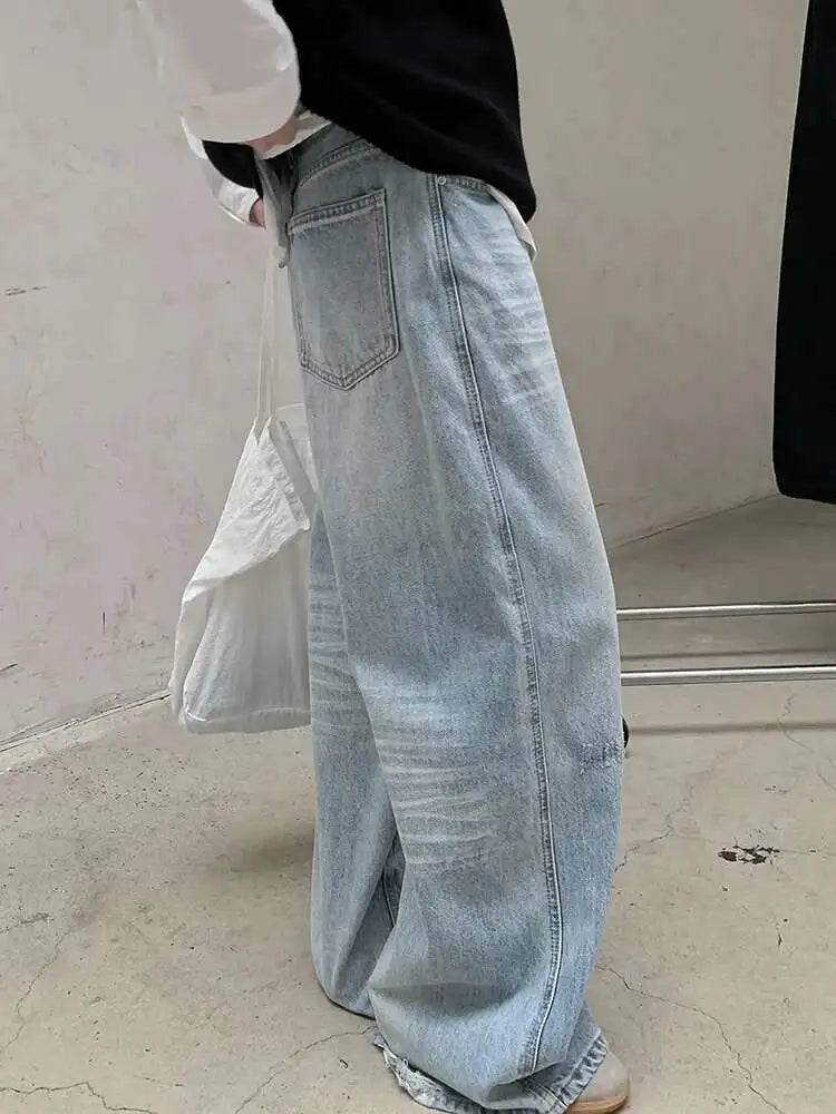 High Waist Light Blue Pocket Denim Long Casual Wide Leg Jeans New Women Trousers Fashion Tide Spring Autumn 2025 1DH8352