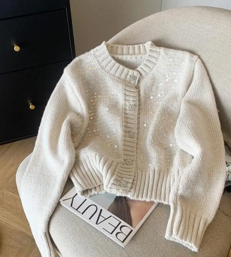 Vintage Women White Round Neck Cardigan Sequin Sweater Brown Elegant Long-sleeved Short Knitted Tops 2024 Winter Fashion Popular