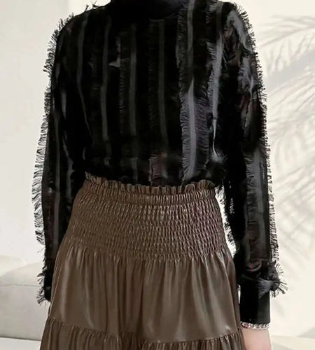 Women Black Tassels Perspective Elegant T-shirt New Turtleneck Long Sleeve Fashion Tide Spring Autumn 2025 1DH4415