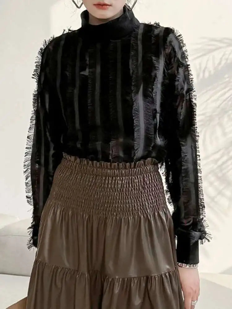 Women Black Tassels Perspective Elegant T-shirt New Turtleneck Long Sleeve Fashion Tide Spring Autumn 2025 1DH4415