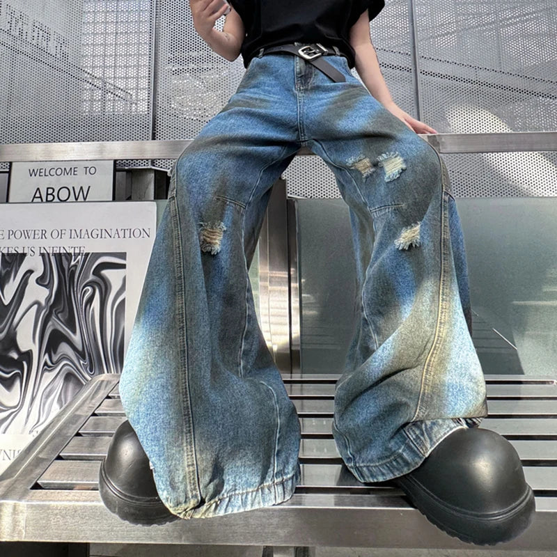 American Style Men's Jeans New Stylish Flip Design Wide Leg Dirty Pants High Street Men Wear Male Denim Trousers 9C7025