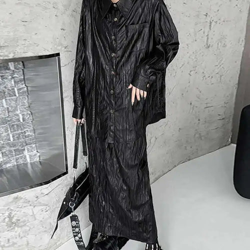 Load image into Gallery viewer, Wine Red Leather Shirt Half-body Skirt Two Pieces Suit New Lapel Long Sleeve Women Fashion Tide Spring Autumn 2025 1DH6880
