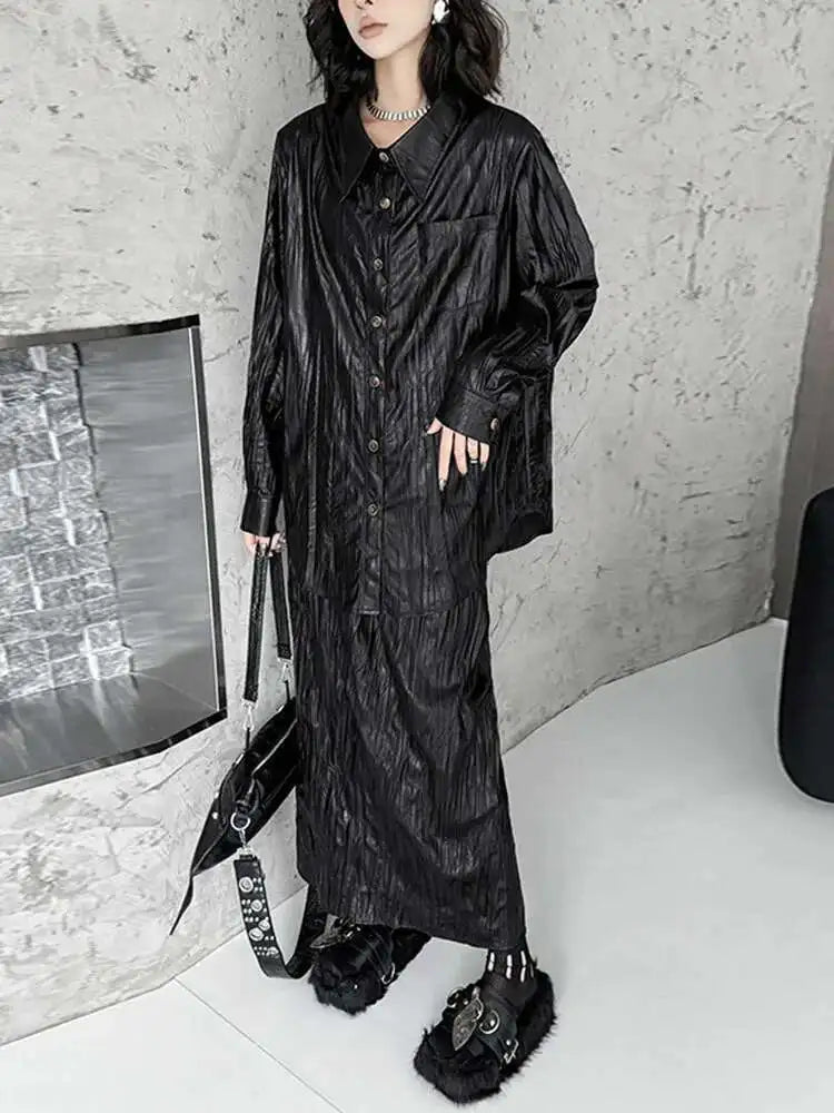 Wine Red Leather Shirt Half-body Skirt Two Pieces Suit New Lapel Long Sleeve Women Fashion Tide Spring Autumn 2025 1DH6880