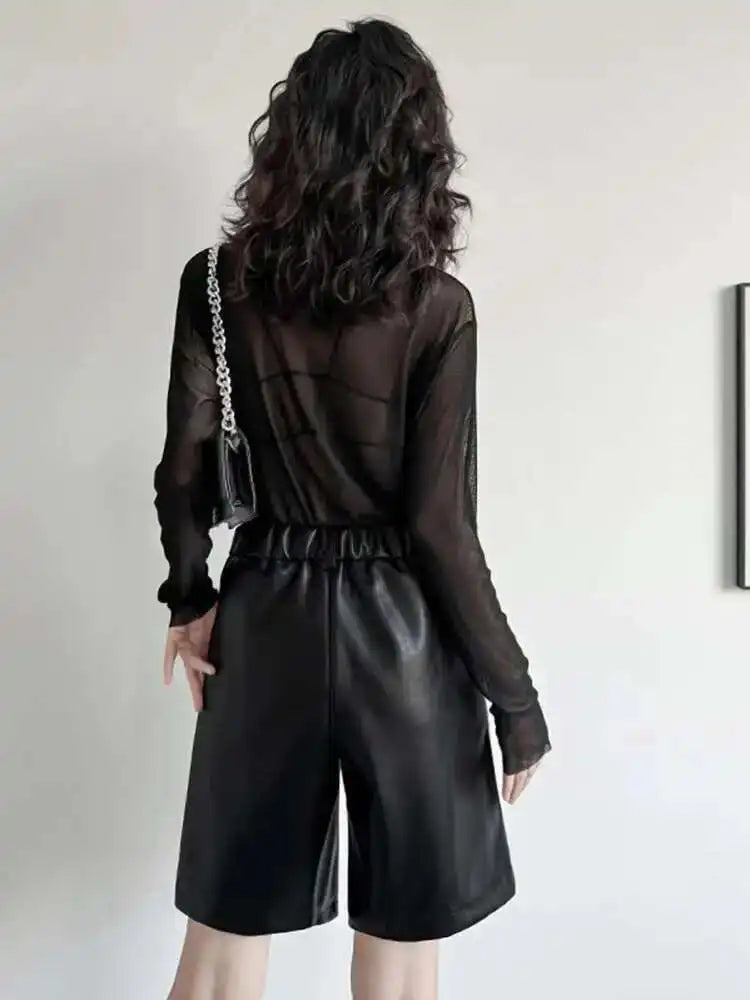 Women Black Pu Leather Shaped Elegant Wide Leg Shorts New High Waist Trousers Fashion Tide Spring Summer 2025 1DH7655