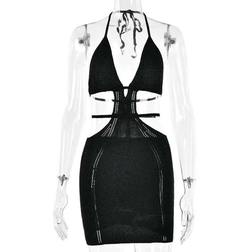 Load image into Gallery viewer, Hollow Out Halter Sexy Mini Dress Women Summer New Sleeveless Backless Skinny Club Party Knit Tank Dress Vestido
