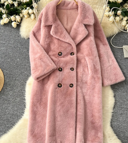 Korean Fashion 2024 Winter Solid Elegant Double-breasted Warm Imitation Mink Fur Coat Women Office Lady Thick Loose Long Jacket