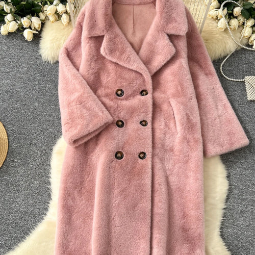 Load image into Gallery viewer, Korean Fashion 2024 Winter Solid Elegant Double-breasted Warm Imitation Mink Fur Coat Women Office Lady Thick Loose Long Jacket
