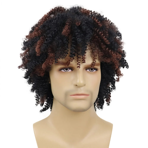 Load image into Gallery viewer, Synthetic Wigs for Men Short Hair Curly Wig with Bangs Natural Wig Afro Hairstyle Male Brown Wig Halloween Costume Wigs
