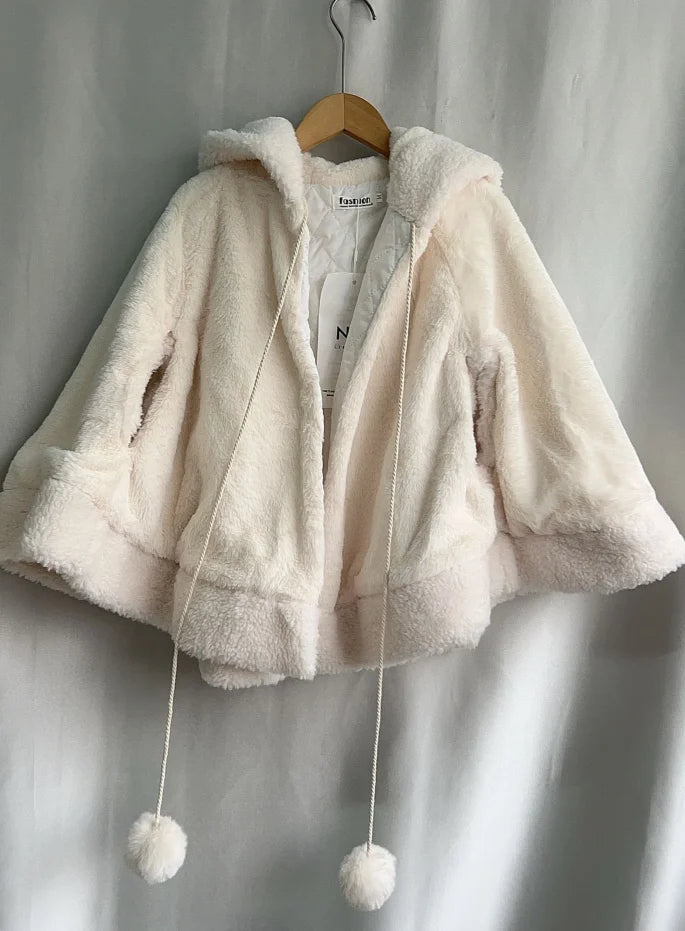 Winter Japanese Sweet Girly Lolita Cloak Coat Y2k Aesthetic Kawaii Bandage Outwear Vintage Casual Loose Cute Ears Hooded Jackets