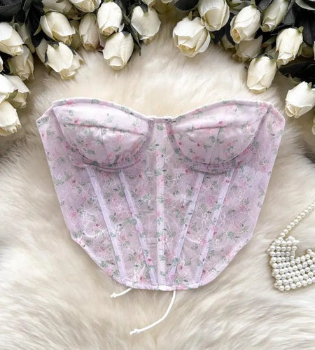 French Vintage Bohemian Summer Elegant Print Sexy Club Strapless Lace-up Short Tops Women Backless Fashion Irregular Clothes New