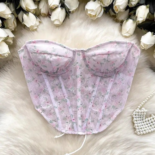 Load image into Gallery viewer, French Vintage Bohemian Summer Elegant Print Sexy Club Strapless Lace-up Short Tops Women Backless Fashion Irregular Clothes New
