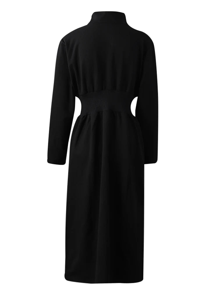 Women Black Zipper Irregular Hem Slit Midi Dress New Turtleneck Long Sleeve Fashion Tide Spring Autumn 2025 1DH9354