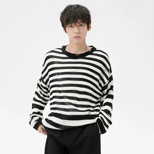 Load image into Gallery viewer, Korean Style Men&#39;s Sweater Hollow Out Striped Contrast Color Male Pullovers Round Collar Menwear Tops Autumn Trend 9C7037
