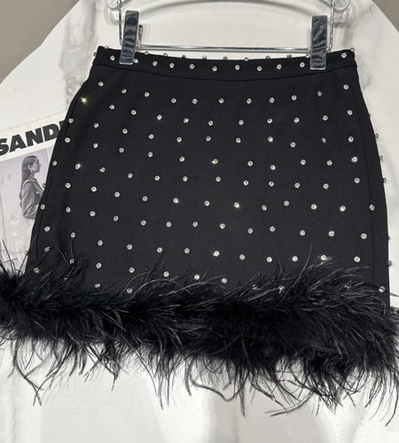 Spliced Nail Diamond Skirts For Woemn High Waist A Line Patchwork Feathers Loose Elegant Skirt Female Fashion