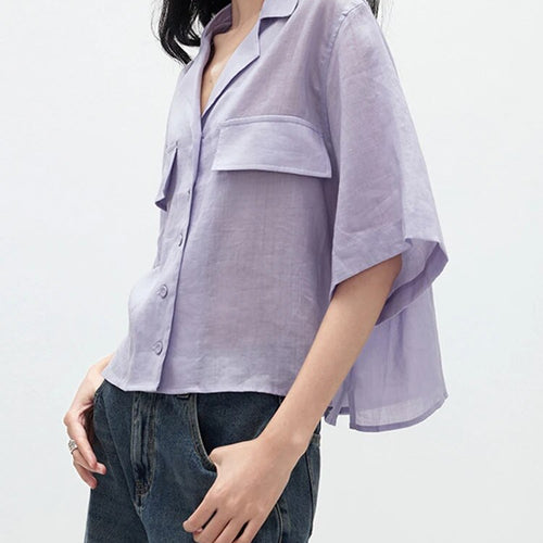 Load image into Gallery viewer, Patchwork Pockets Shirt For Women Lapel Short Sleeve Spliced Button Solid Loose Casual Blouse Female Fashion
