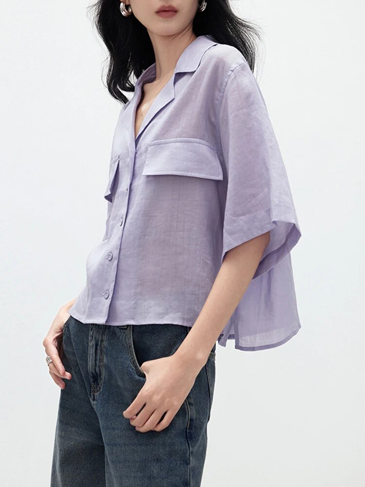 Patchwork Pockets Shirt For Women Lapel Short Sleeve Spliced Button Solid Loose Casual Blouse Female Fashion