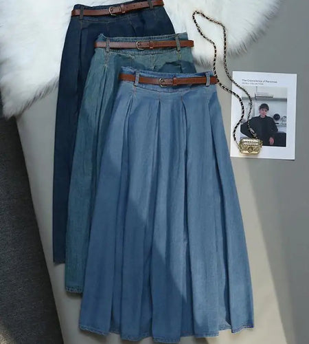Korean Style High Waist Retro Belt Long Skirts For Women Fashion 2023 Summer Thin A-line Denim Skirt Women's Midi Elastic Skirt